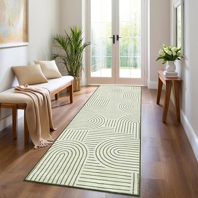Modern Rug 2.5x8 Runners for Hallways, Abstract Kitchen Runner Rugs Non Slip Bath Runners, Rainbow Washable Runner Rug for Bedroom, Soft Long Rugs for Entryway Bathroom Laundry Dorm, Green