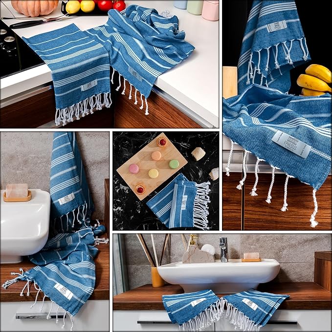 Hand Towels - Set of 6 | 18" x 30" - Decorative Turkish Hand Towel for Bathroom, Kitchen, Guest, Face, Hair, Tea, Dishcloth (Sultan, Navy Blue)