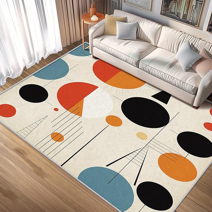 50s Rugs for Living Room 8x8, Retro Mid Century Modern Geometric Abstract Pattern Design Area Rug, 50s Bedroom Decor Carpet, Non Slip, Washable (RG521)