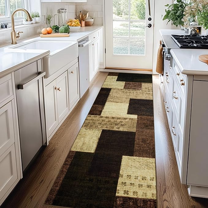 Modern Geometric Patchwork Indoor Runner Rug for Living Room, Warm Taupe 2'x 6' Rug Rockwood Collection Hardwood Floors Decor for Bedroom, Taupe Throw Carpet for Office Entryway Dining Room