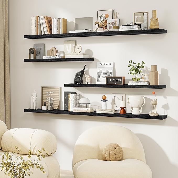 Dreamland Floating Shelves, 20Inch Rustic Wooden Black Wall Shelves for Bathroom|Bedroom|Kitchen, Deep Wall Mounted Book Shelf, Wood Storage Display Shelf for Home Decor, Set of 2