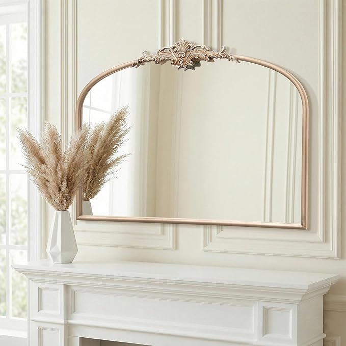 Besdomus Arched Vintage Gold Mirror: 32"x24" Large Champagne Gold Antique Wall Mounted Mirror - Baroque Traditional Ornate for Fireplace/Bathroom/Living Room - Wall Decor for Fashion-Conscious