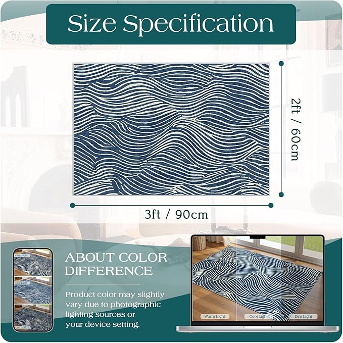 Front Door Mat Outside Entrance - 2x3 Modern Non-Slip Washable Summer Doormat Indoor Outdoor Entrance Blue White Ocean Waves Rug Small Throw Rugs for Entryway Bedroom Kitchen Front Porch Decor