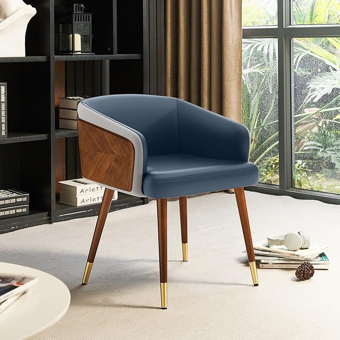 ARTPLAN Dining Accent Chair,Modern Faux Leather with Walnut, Mid Century Eucalyptus Upholsted Retro Arm Chair, Metal Legs Dissassembly Adjustable Foot for Kitchen Dining Room,Navy Blue