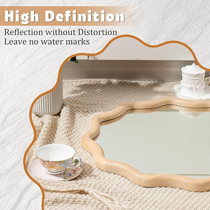 Vercraft 36 Inch Scalloped Wooden Bathroom Round Circle Mirror for Wall, Boho Wavy with Tempered Glass, Natural Frame Hanging for Bedroom, Living Room, Entryway, Farmhouse(Natural Wood Color)
