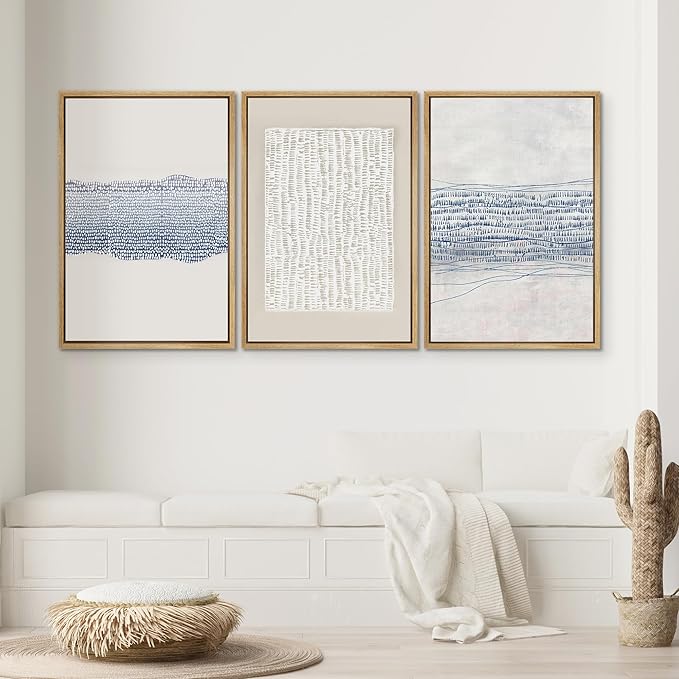 SIGNWIN Framed Canvas Print Wall Art Set Blue White Grunge Geometric Pattern Abstract Shapes Cozy Neutral Decorative Contemporary Minimal for Living Room, Bedroom, Office - 24"x36"x3 Natural