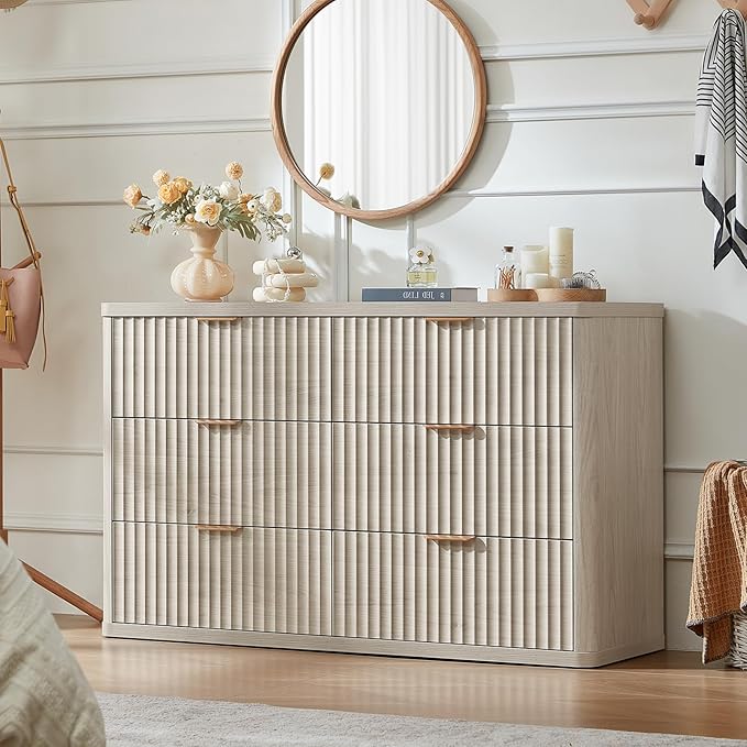 LEYAOYAO Fluted 6 Drawers Dresser for Bedroom, 48" Wide Modern Chest of Drawers with Metal Handle, Light Grey Curved Profile Farmhouse Closet Organizer Wood Dressers TV Stand for Living Room, Hallway
