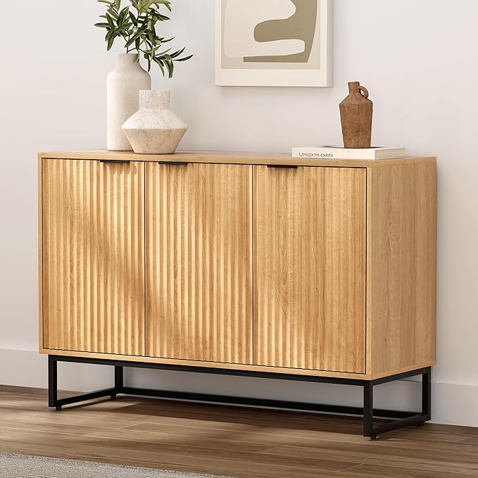 Fluted Storage Cabinet with 3 Doors, Sideboard Buffet Cabinets, Modern Accent Cabinets with Adjustable Shelves, Wooden Credenza Console Table Cabinet for Living Dining Room, Natural Oak
