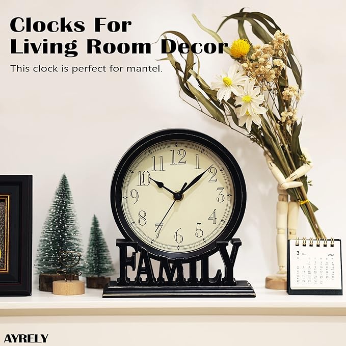 AYRELY® 6.5-Inches Table Clock, Vintage Family Non-Ticking Desk Clock, Retro Mantel Clocks for Living Room, Bedroom, Shelf, Fireplace, Farmhouse Décor (Black)