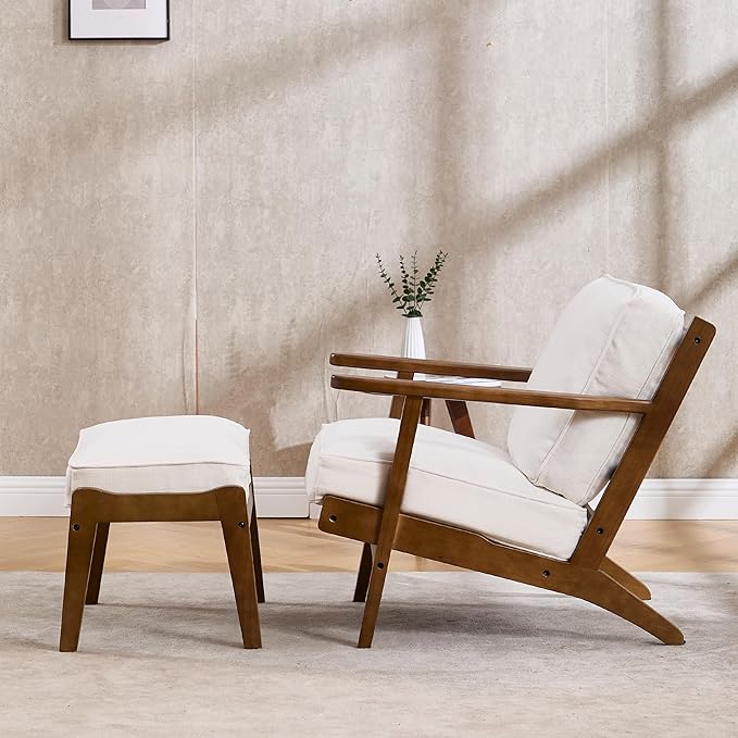 Living Room Accent Chairs Set of 2 Mid Century Modern Reading Arm Chair with Ottoman, Fabric Bedroom Chair with Soild Wood Frame, Elegant Upholstered Side Chair, Beige-Fabric