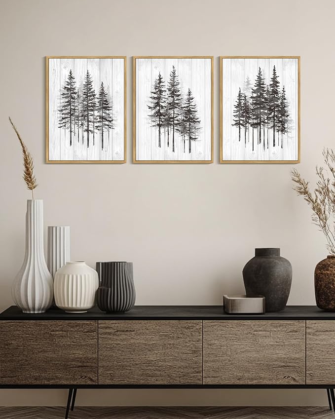 KUVIOKE Woodcut Pine Tree Framed Wall Art Nature Abstract Forest Wall Decor Rustic Minimalist Painting for Bedroom Dining Room 12x16in (Natural Framed)