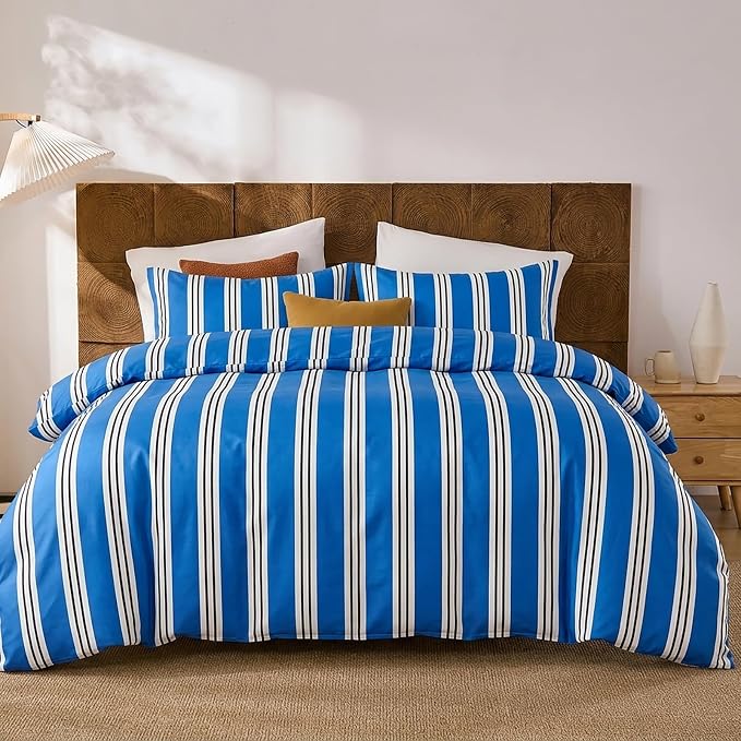 Merryword Striped Duvet Cover Set King Size - 100% Cotton Duvet Cover Set, Blue Ribbon Stripes Pattern Comforter Cover 3 Pieces, Soft Linen Like Bedding Set for All Seasons