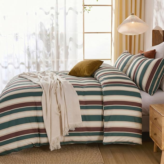 Merryword 100% Cotton Duvet Cover Set Queen Size - Vintage Green Cabana Striped Bedding Set with Zipper & Corner Ties, 3-Piece Luxury & Silky Soft Bedding Set for All Seasons