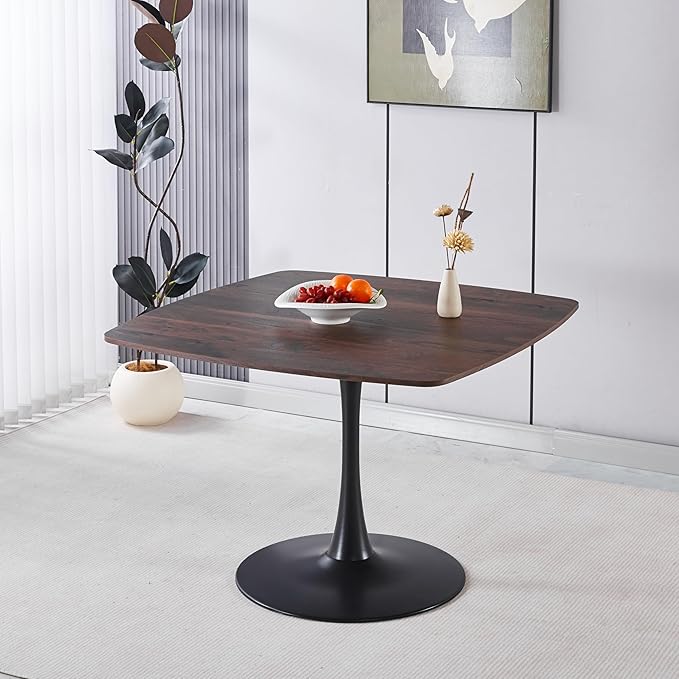 Walnut Square Dining Table for6, 41.12 inches Special Kitchen Table with Tulip Shape & Metal Pedestal Base, Mid Century Modern Bistro Tulip Table for Kitchen, Small Space, Cafe