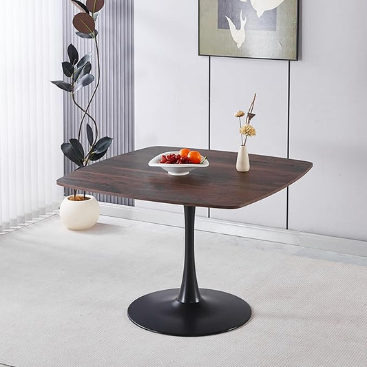Walnut Square Dining Table for6, 41.12 inches Special Kitchen Table with Tulip Shape & Metal Pedestal Base, Mid Century Modern Bistro Tulip Table for Kitchen, Small Space, Cafe