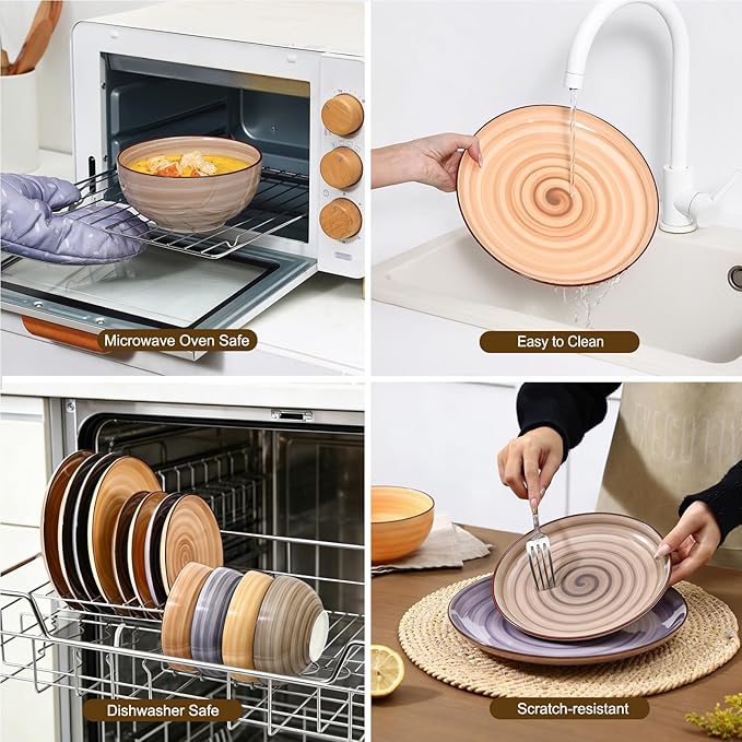 Selamica Ceramic Plates and Bowls Sets,24 Pieces Dinnerware Sets for 6,Scratch Resistant Dish Set for holiday gathering,Dishwasher & Microwave Safe, Maillard