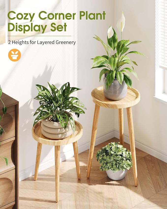 Plant Stand Indoor 2 Pack, Wood Mid Century Indoor Plant Stand, Tall Plant Stands for Flower Pot, Round Plant Table Side End Table With Raised Design, Natural, 11.7"x18.8" & 11.7"x13"