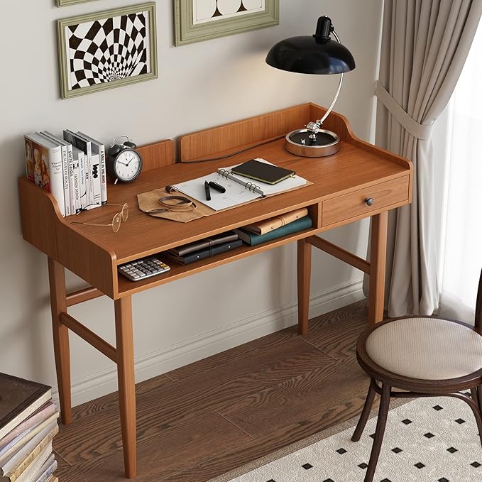 Vintage-Style Desk with Scandinavian Flair, Computer or Laptop Desk, Writing Desk with Drawer and Open Storage Cubby, Small Space Dressing Table