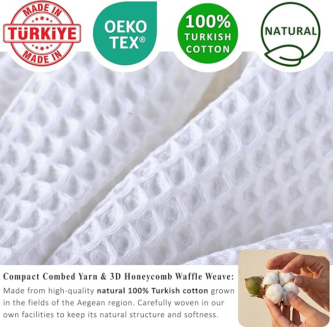 PÜSKÜL Natural 100% Turkish Cotton Waffle Kitchen Towels Set of 3 | Oeko-Tex, Premium Waffle Hand Towels for Bathroom | Soft Absorbent Quick-Dry Lint-Free Dish Towel Large 32x16 inch (3, White)