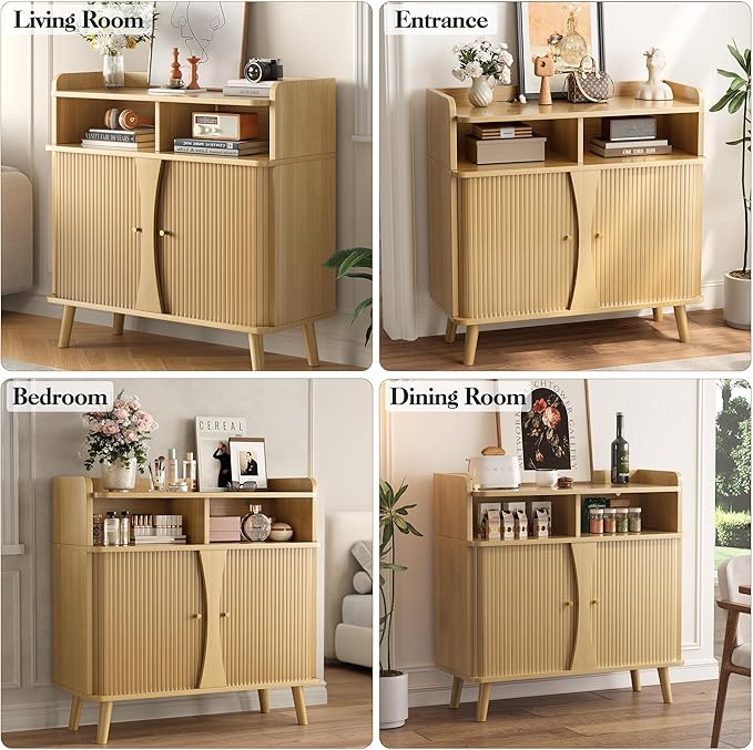 39" Buffet Sideboard Cabinet, Mid Century Modern Console Cabinet with Roller Shutter Sliding Doors & Adjustable Shelves for Kitchen Cabinets, Living Room, Entryway, Coffee Bar Cabinet (Oak)