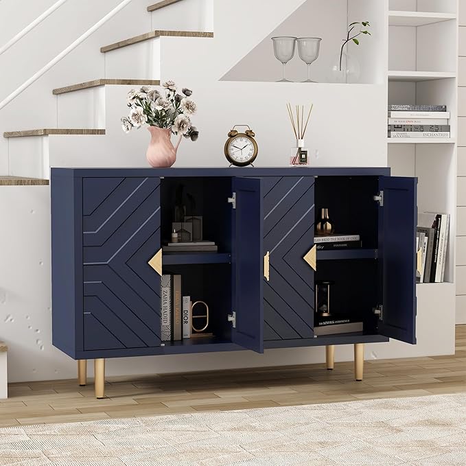 HLR 48" Accent Cabinet with 4 Doors and Shelves, Modern Sideboard Buffet Cabinet with Decorative Embossed Pattern Doors, Credenza Storage Cabinet for Living Room, Kitchen, Dining Room, Hallway