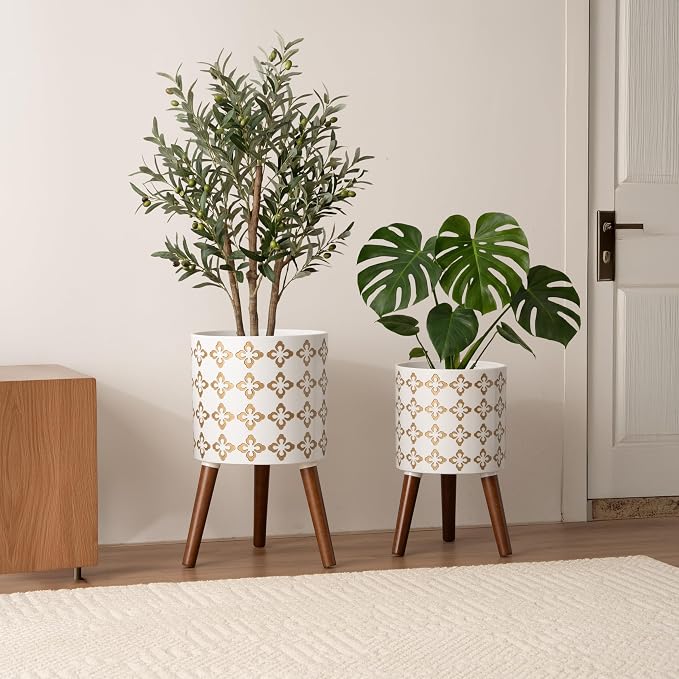 10 + 12 InchIndoor Planter with Stand Set of 2 - Large Indoor Plant Pots with Solid Oak Wood Stand and Drainage, White and Gold
