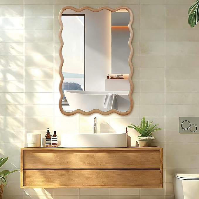 36x24 Inch Wooden Wavy Rectangle Wall Mirror, Modern Solid Wood Frame Decorative Accent Mirror for Bedroom, Bathroom, Living Room, Entryway, Natural Wood Color
