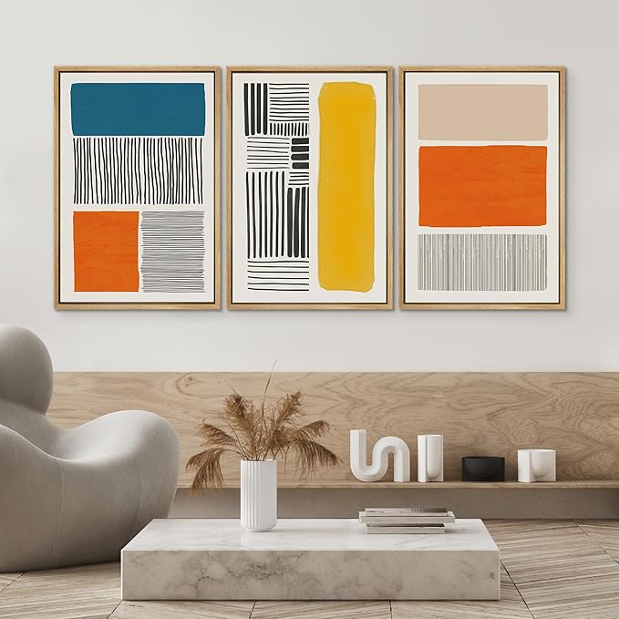 SIGNWIN Framed Canvas Print Wall Art Set Mid-Century Bright Color Block Collage Abstract Shapes Illustrations Minimalism Bohemian Decorative for Living Room, Bedroom, Office - 16"x24"x3 Natural