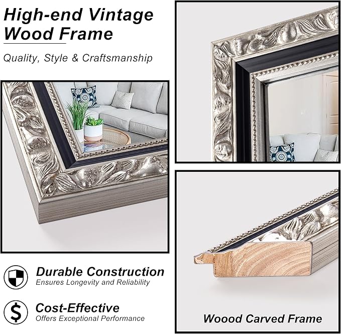 Vintage Black Silver Mirror, 40'' x 28'' Antique Wall Mirrors with Ornate Silver Carved Frame, Decorative Mirror for Living Room, Bathroom, Bedroom, Entryway, Fireplace, Horizontal/Vertical