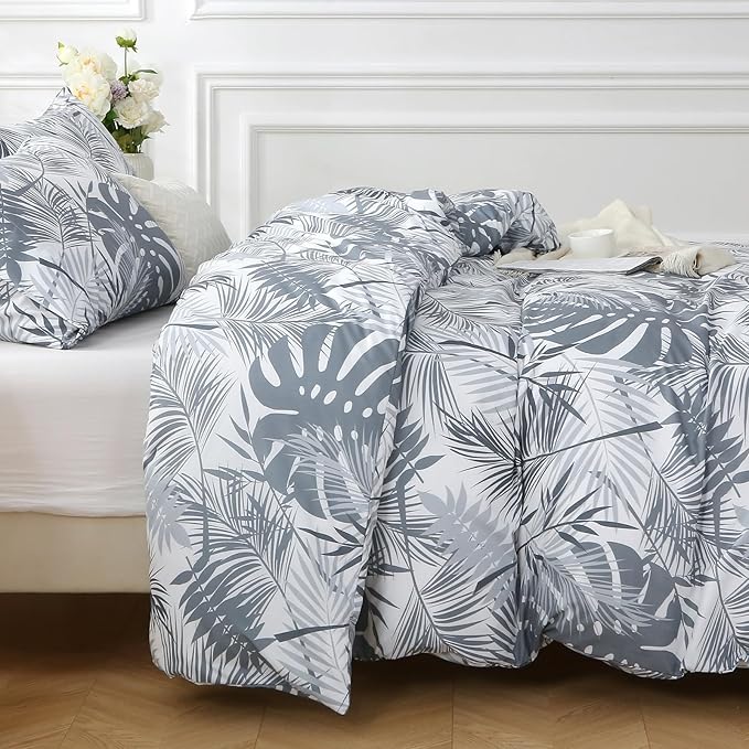 MUXHOMO Duvet Cover King Size, Reversible Floral Black & Grey Duvet Cover Set with Zipper Closure, 3 Pieces Botanical Patterns Soft Microfiber Bedding Set (90"x104", 2 Pillow Cases 20"×36") US