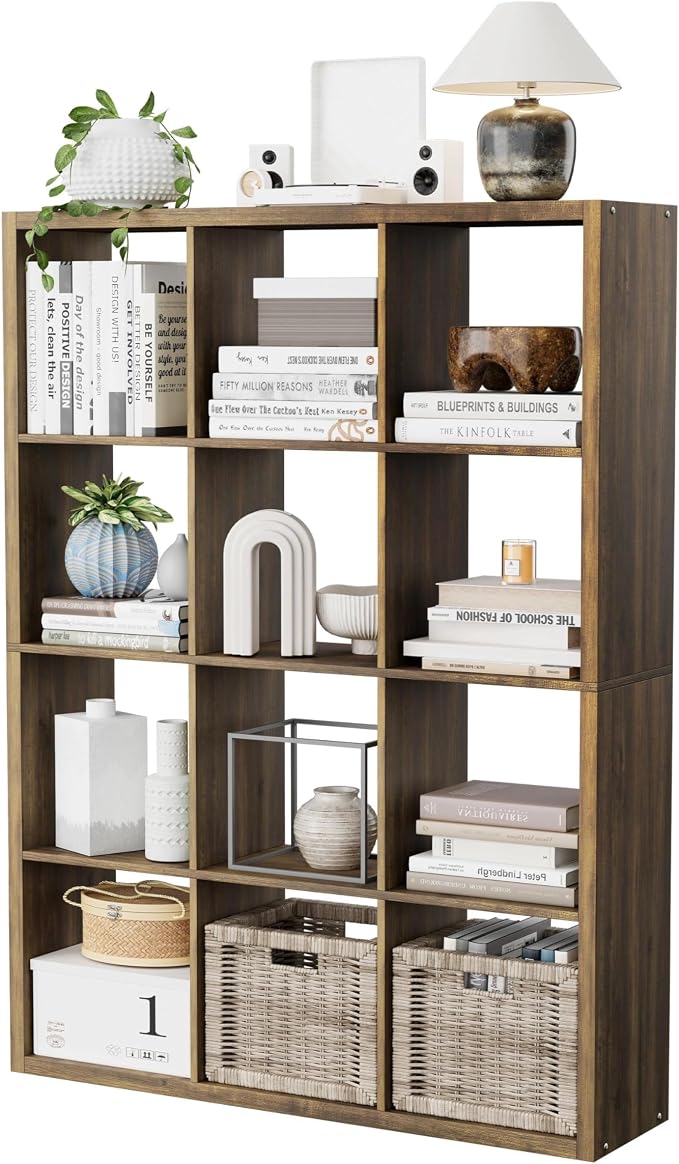12-Cube Storage Organizer, Wooden Cube Shelf Bookcase with Reinforced Thick Shelves, Heavy-Duty 36.93" L x 9.37" W x 48.82" H, for Living Room Bedroom Home Office, Brown