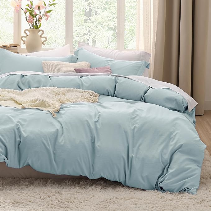 Bedsure Baby Blue Duvet Cover Queen Size - 3 Pieces Prewashed Cotton-Like Polyester Extra Soft Bedding Set, Includes 1 Duvet Cover 90x90 Inches with Zipper Closure & 2 Pillow Shams, No Comforter