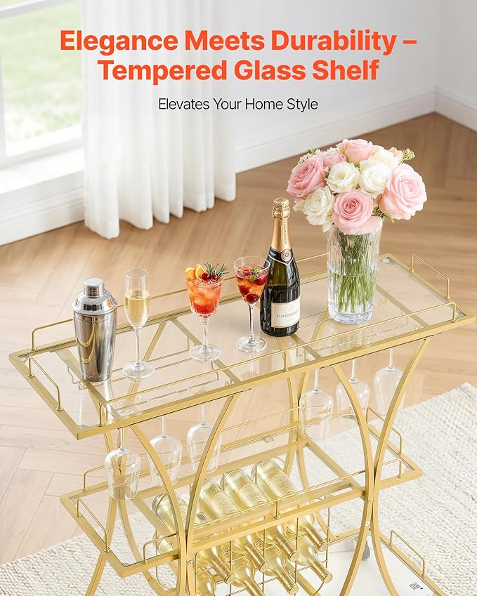 VEVOR Bar Cart, 3 Tiers Home Kitchen Serving Carts, Modern Rolling Utility Station on Wheels, Drink Beverage Trolley with Tempered Glass Shelves, Wine Rack, Glass Holder, for Living Dining Room, Gold