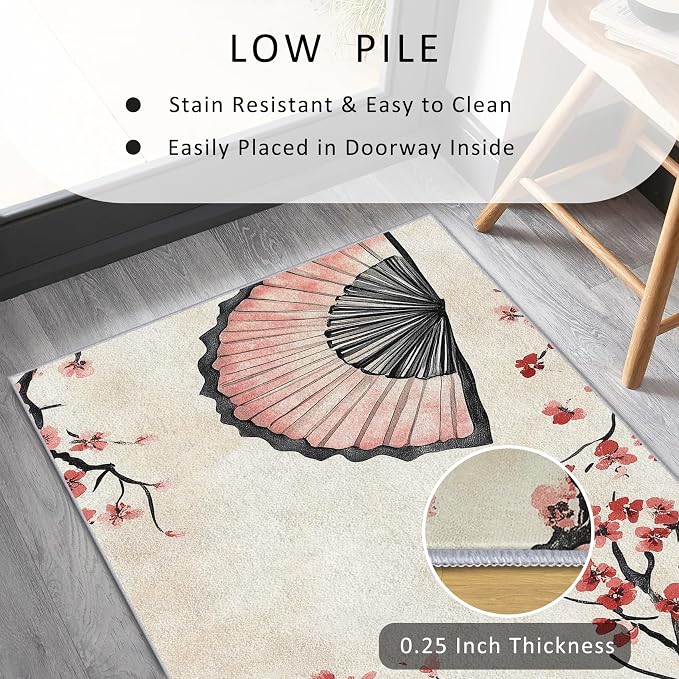 Japanese Cherry Blossom Runner Rug 2x7, Oriental Fan Design, Asian Area Rug Washable Hallway Rugs Non-Slip Floor Carpet Runner for Bedroom, Narrow Hallway, Kitchen Aisle