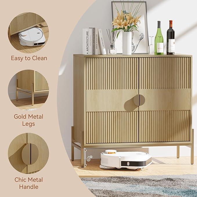 30.7" Accent Cabinet, Modern Buffet Cabinet with Gold Metal Legs, Fluted Sideboard for Dining Room, Kitchen, Oak