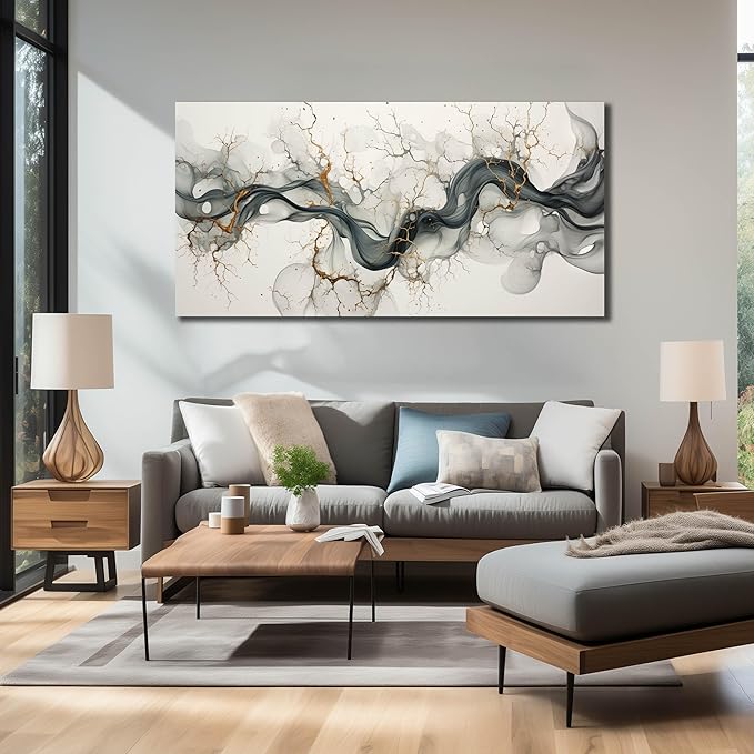 Black White and Gold Canvas Wall Art for Bedroom Modern Art Wall Decor Living Room Abstract Pictures for Office Size 24 x 48 Inch