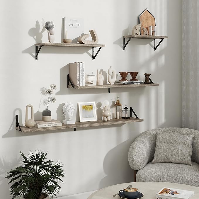 Floating Shelves, 8 Inch Deep Rustic Wood Wall Storage, 24W x 8D Wall Shelves Set of 2, Heavy Duty Metal Brackets, Industrial Book Shelf for Living Room, Kitchen, Bathroom, Bedroom, Grey