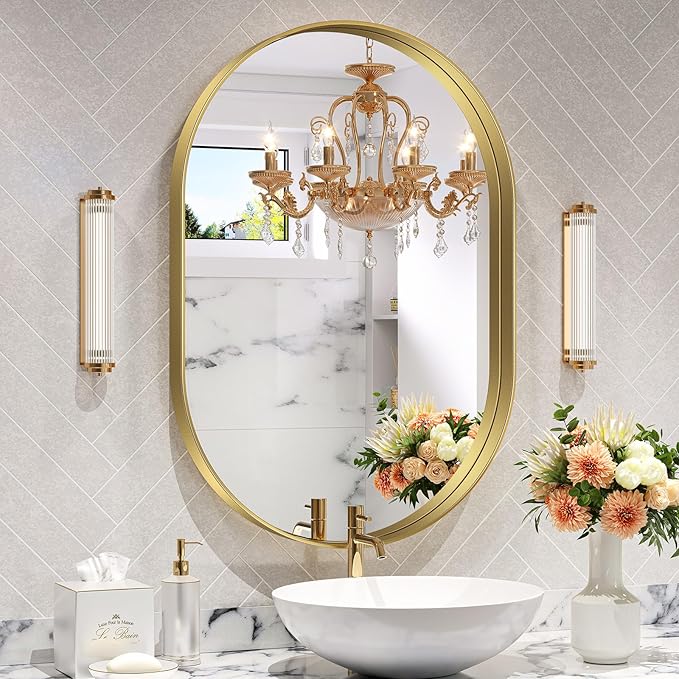 Brightify Gold Oval Mirror for Bathroom 26x38 Inch, Metal Framed Bathroom Vanity Mirrors, Modern Wall Mirror for Bedroom Living Room Wall Decorative Hang Vertical and Horizontal