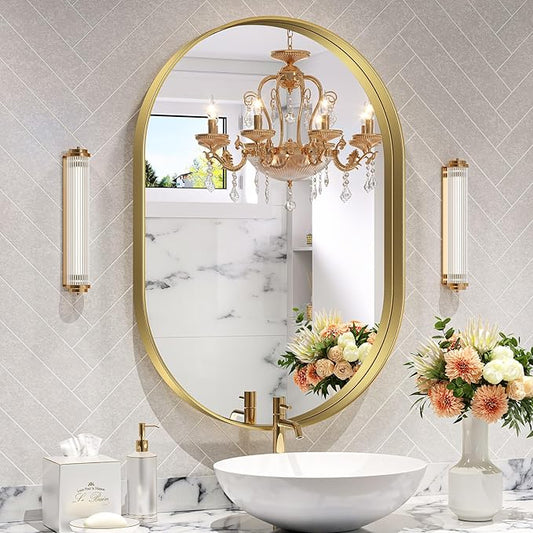 Brightify Gold Oval Mirror for Bathroom 26x38 Inch, Metal Framed Bathroom Vanity Mirrors, Modern Wall Mirror for Bedroom Living Room Wall Decorative Hang Vertical and Horizontal