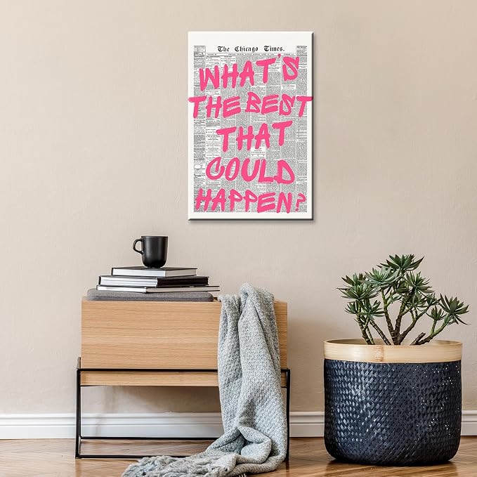 Whats The Best That Could Happen Wall Art Retro Newspaper Pink Font Canvas Poster Positive Affirming Quote Minimalist Prints Painting For Home Bedroom Dorm Wall Decor Aesthetics 24x36in Framed