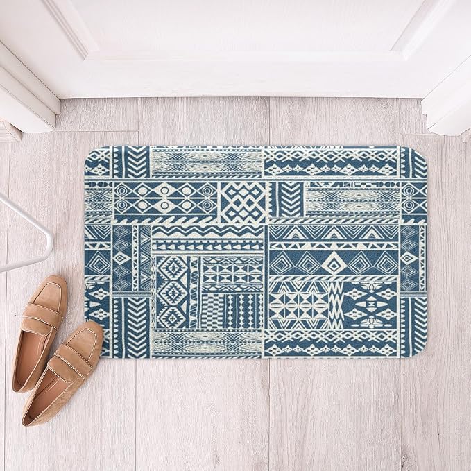 Feelyou Boho Bath Rugs 20"x32" Bohemian Aztec Bathroom Rugs Blue Traditional Exotic Tribal Bath Mats for Bathroom Women Men Girls Boys Soft Non Slip Boho Bathroom Accessoriess