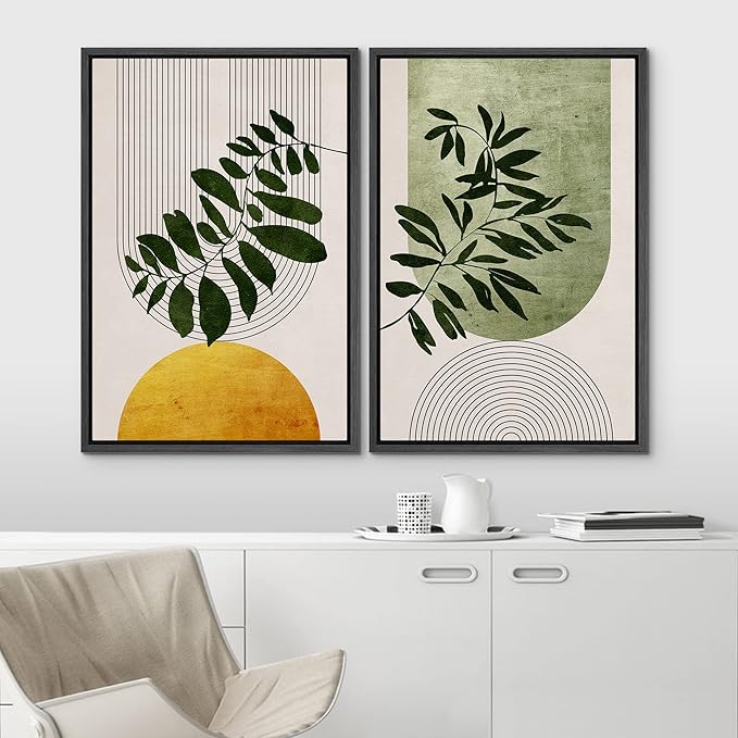 IDEA4WALL Framed Canvas Print Wall Art Set Mid-Century Geometric Forest Plant Leaf Nature Wilderness Illustrations Modern Art Rustic Decorative for Living Room, Bedroom, Office - 16"x24"x2 Black