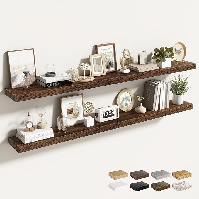 55 Inch Floating Shelves for Wall 2 Pack, 55" Wall Shelves for Books, Storage, Decor, Wall Mounted Floating Shelf with Invisible Brackets for Kitchen, Living Room, Brown