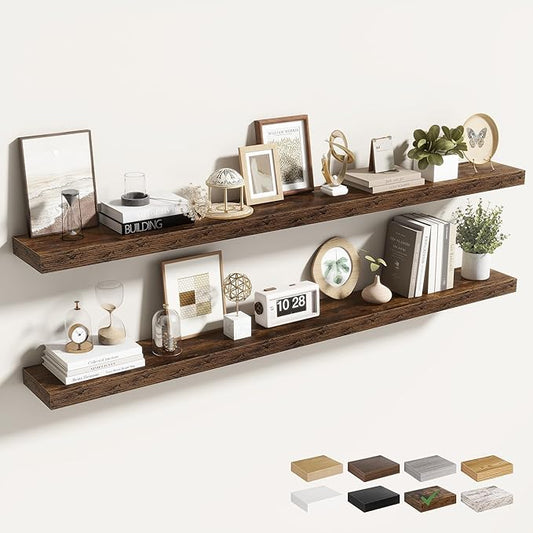 55 Inch Floating Shelves for Wall 2 Pack, 55" Wall Shelves for Books, Storage, Decor, Wall Mounted Floating Shelf with Invisible Brackets for Kitchen, Living Room, Brown