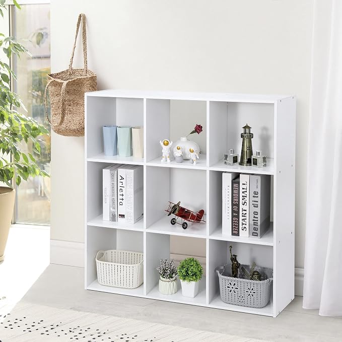 ZenStyle 9 Cube Storage Shelf Organizer, Wooden Bookshelf System Display Cube Shelves Compartments, Customizable W/ 5 Removable Back Panels (White)