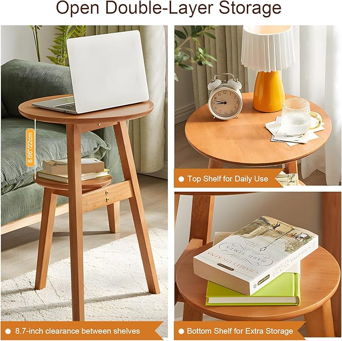 Side Table, Small Round End Table with 2-Tier Shelf, Solid Wood Nightstand for Small Spaces, Mid Century Modern Accent Table for Living Room Bedroom, Natural