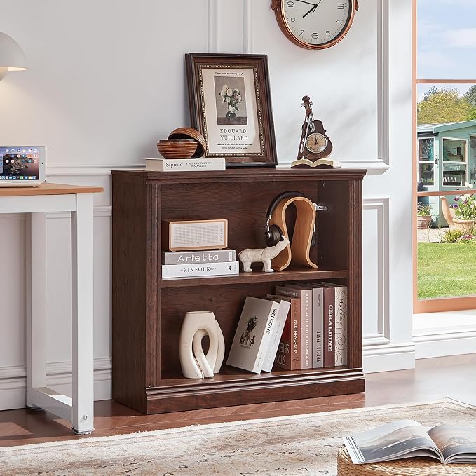 RWYHG 30" Walnut Bookshelf Set of 2,2-Tier Thick Wood Book Shelf with Adjustable Shelve,Free Standing Farmhouse Bookcase with Open Display Storage,Floor Vintage Bookshelves for Living Room,Office