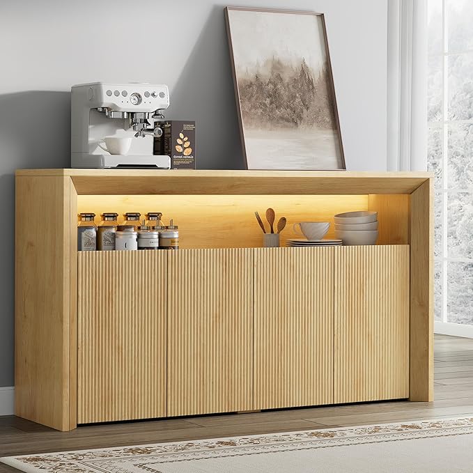 66.2" Buffet Cabinet with Storage and led Lights,Modern Sideboard Cabinet with 4 Doors & Shelves,Fluted Media Console Mid Century Coffee Bar Table for Living Room Kitchen Dining Room,Oak
