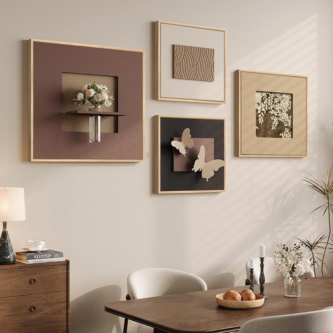 Framed 3D Wall Art Decor for Living Room, Large 4 Piece Textured Neutral Wall Decor with Vase, Modern Minimalist Butterfly Brown Sandstone Paintings Artwork for Dining Room, Hallway, Office