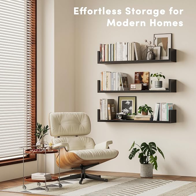 Wall Bookshelf, Set of 3, U Shaped Floating Bookshelf, Hanging Bookshelves for Wall, Wall Mounted Shelves for Living Room Bedroom Office (Black, 23.6 Inches, 3)